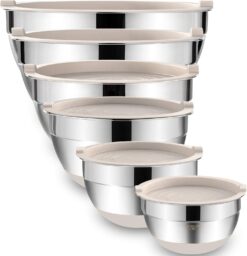 Umite Chef Mixing Bowls with Airtight Lids, 6 piece Stainless Steel Metal Nesting Storage Bowls, Non-Slip Bottoms Size 7, 3.5, 2.5, 2.0,1.5, 1QT, Great for Mixing & Serving (Khaki)