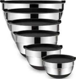 Umite Chef Mixing Bowls with Airtight Lids，6 piece Stainless Steel Metal Nesting Storage Bowls, Non-Slip Bottoms Size 7, 3.5, 2.5, 2.0,1.5, 1QT, Great for Mixing & Serving(Black)