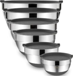 Umite Chef Mixing Bowls with Airtight Lids, 6 piece Stainless Steel Metal Nesting Storage Bowls, Non-Slip Bottoms Size 7, 3.5, 2.5, 2.0,1.5, 1QT, Great for Mixing & Serving(Grey)