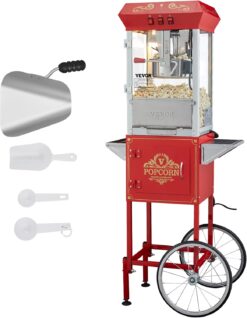 VEVOR Commercial Popcorn Machine, 8 Oz Kettle, 850 W Popcorn Maker on Wheels for 48 Cups per Batch, Theater Style Popper with 3-Switch Control Steel Frame Tempered Glass Doors Cart 1 Scoop 2 Spoons