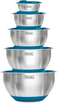 VIKING Culinary Stainless Steel Mixing Bowl Set, 10 piece, Non-slip Silicone Base, Includes Airtight Lids, Dishwasher Safe, Teal