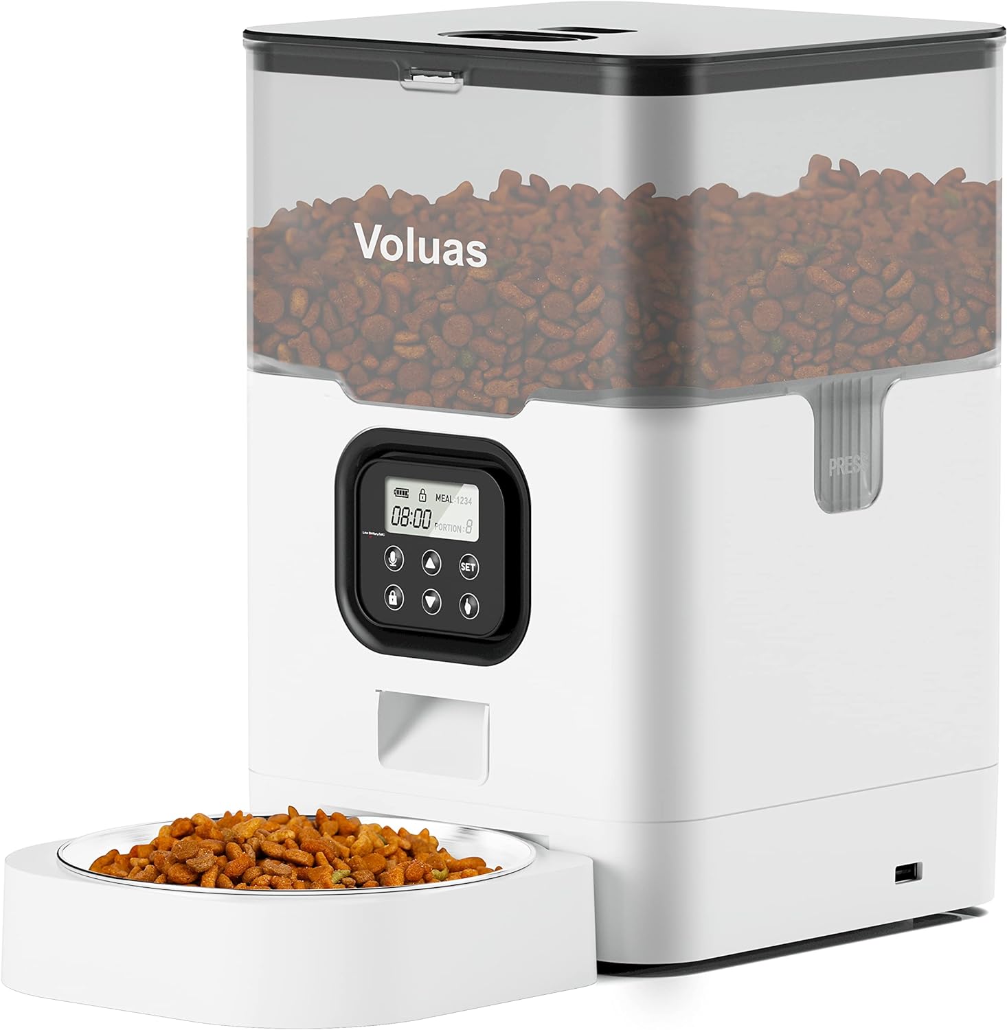 VOLUAS Automatic Cat Feeders - Dry Food Dispenser with Timer, Desiccant Bag, Programmable Portion Size Control 4 Meals Per Day, 10s Voice Recorder, White Transparent VOLUAS Automatic Cat Feeders - Dry Food Dispenser with Timer, Desiccant Bag, Programmable Portion Size Control 4 Meals Per Day, 10s Voice Recorder, White Transparent