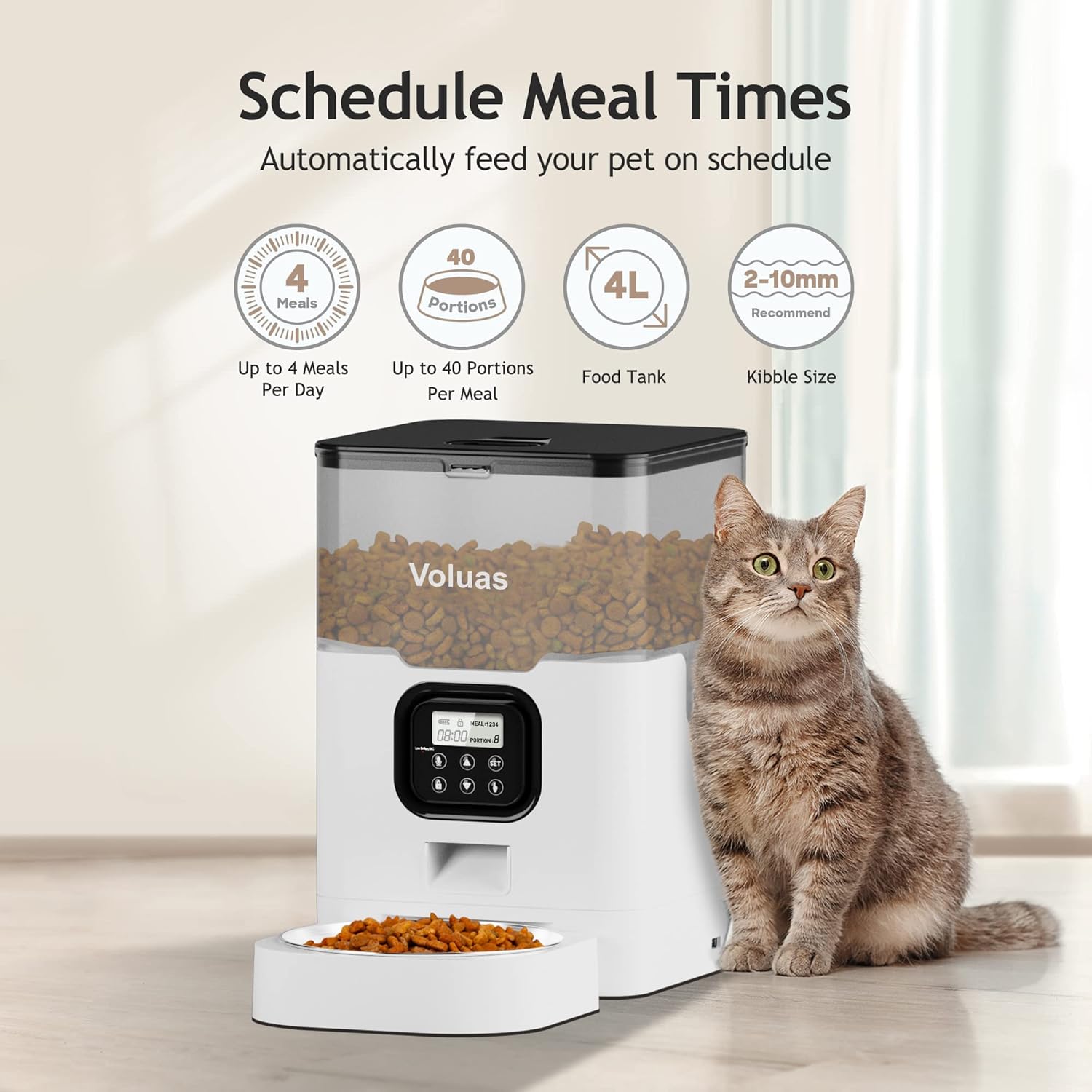 VOLUAS Automatic Cat Feeders - Dry Food Dispenser with Timer, Desiccant Bag, Programmable Portion Size Control 4 Meals Per Day, 10s Voice Recorder, White Transparent1