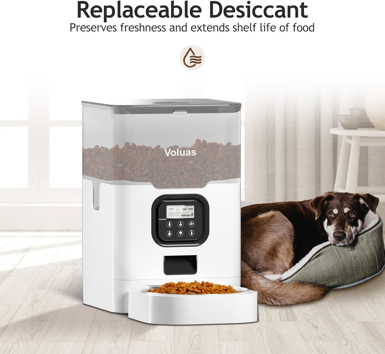 VOLUAS Automatic Cat Feeders - Dry Food Dispenser with Timer, Desiccant Bag, Programmable Portion Size Control 4 Meals Per Day, 10s Voice Recorder, White Transparent5