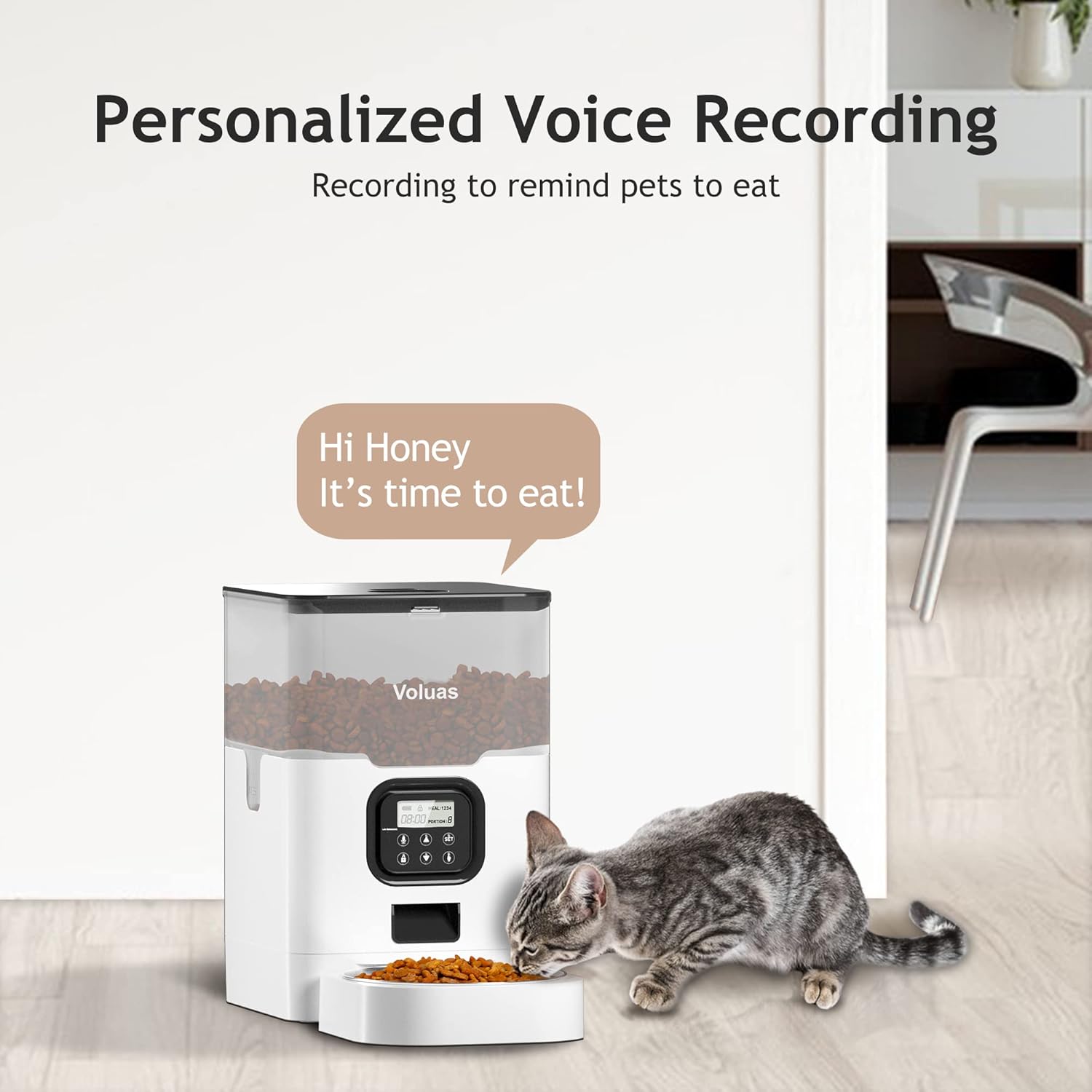 VOLUAS Automatic Cat Feeders - Dry Food Dispenser with Timer, Desiccant Bag, Programmable Portion Size Control 4 Meals Per Day, 10s Voice Recorder, White Transparent9
