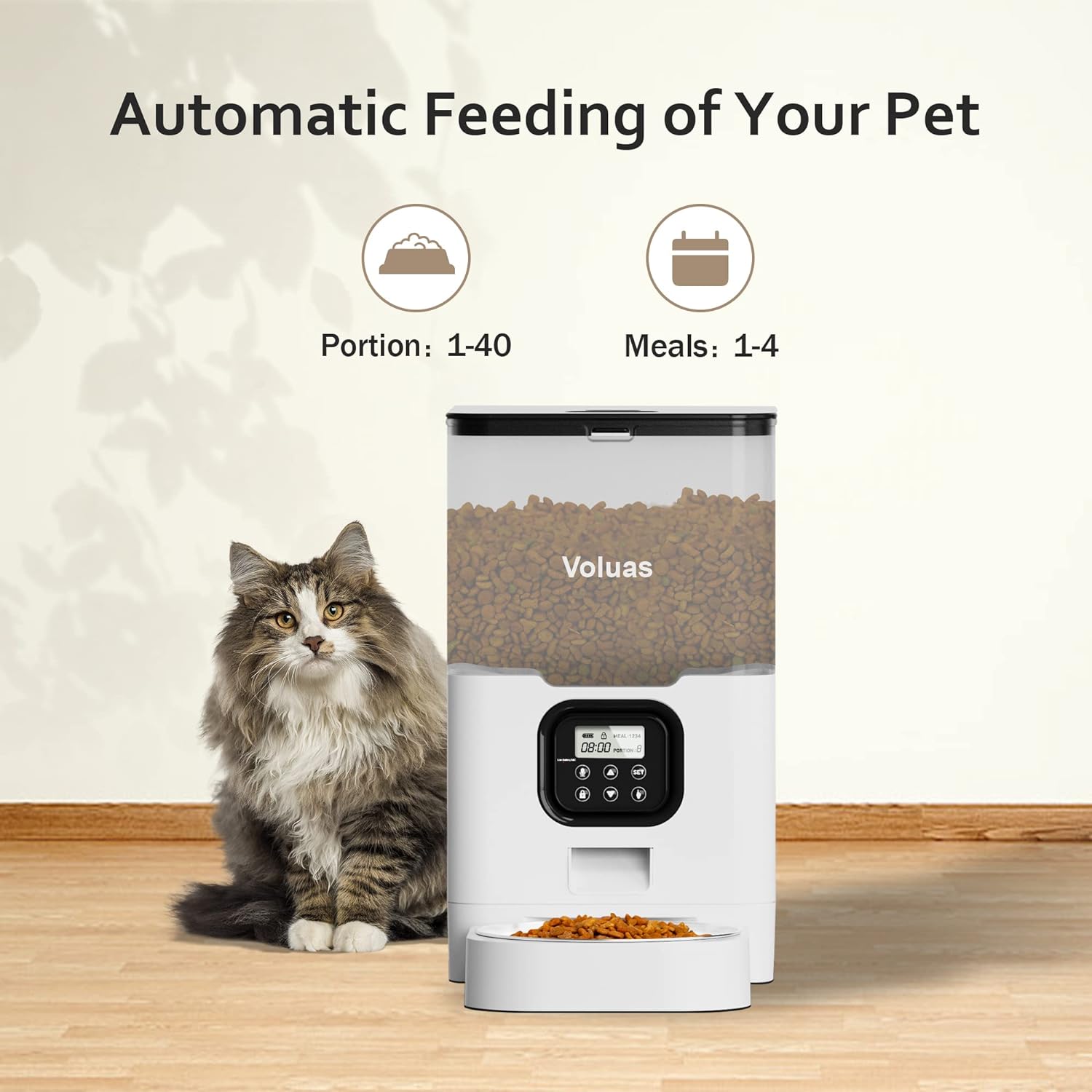 VOLUAS Automatic Cat Feeders - Pet Food Dispenser for Dry Food, Timed Cat Feeder with Desiccant Bag, Programmable Portion Size Control 4 Meals Per Day, 10s Voice Recorder, White Transparent1