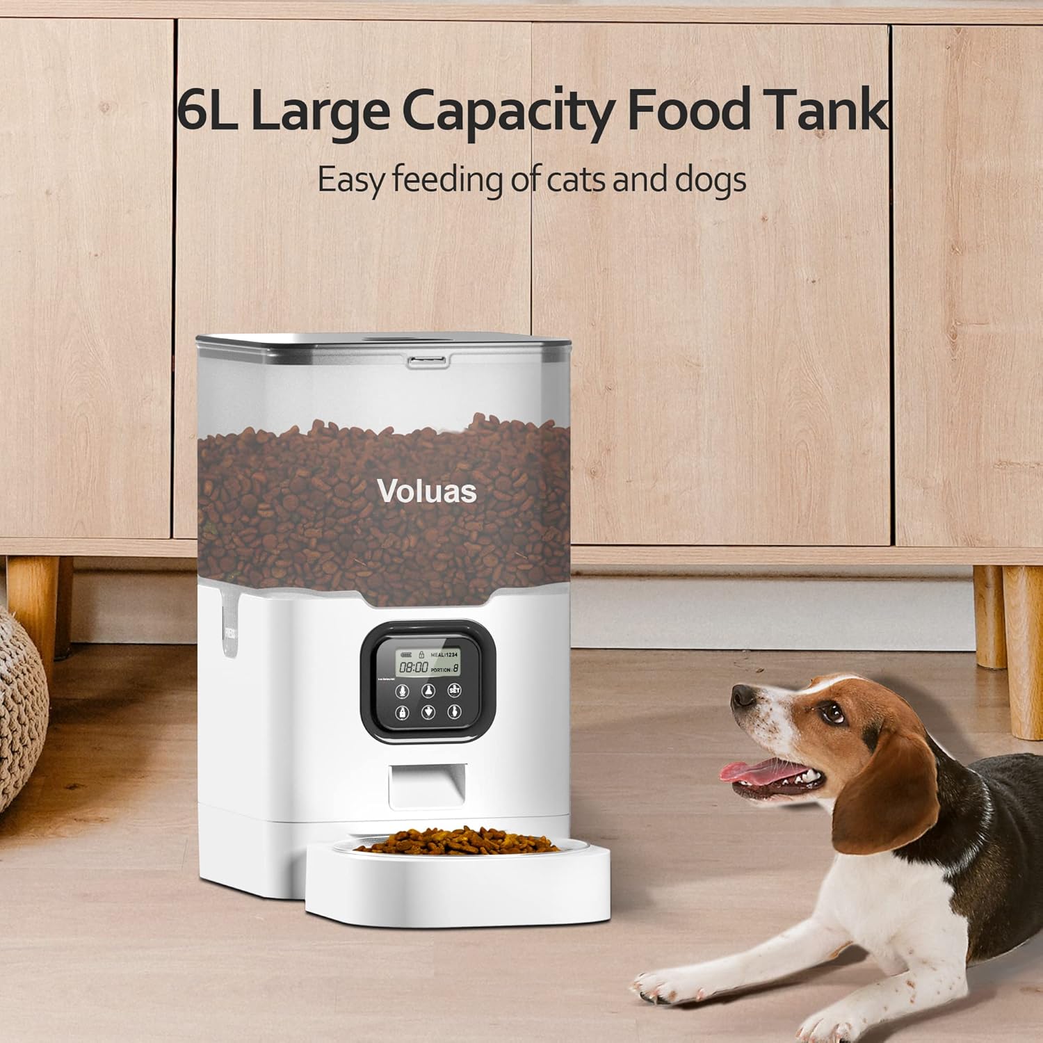 VOLUAS Automatic Cat Feeders - Pet Food Dispenser for Dry Food, Timed Cat Feeder with Desiccant Bag, Programmable Portion Size Control 4 Meals Per Day, 10s Voice Recorder, White Transparent3