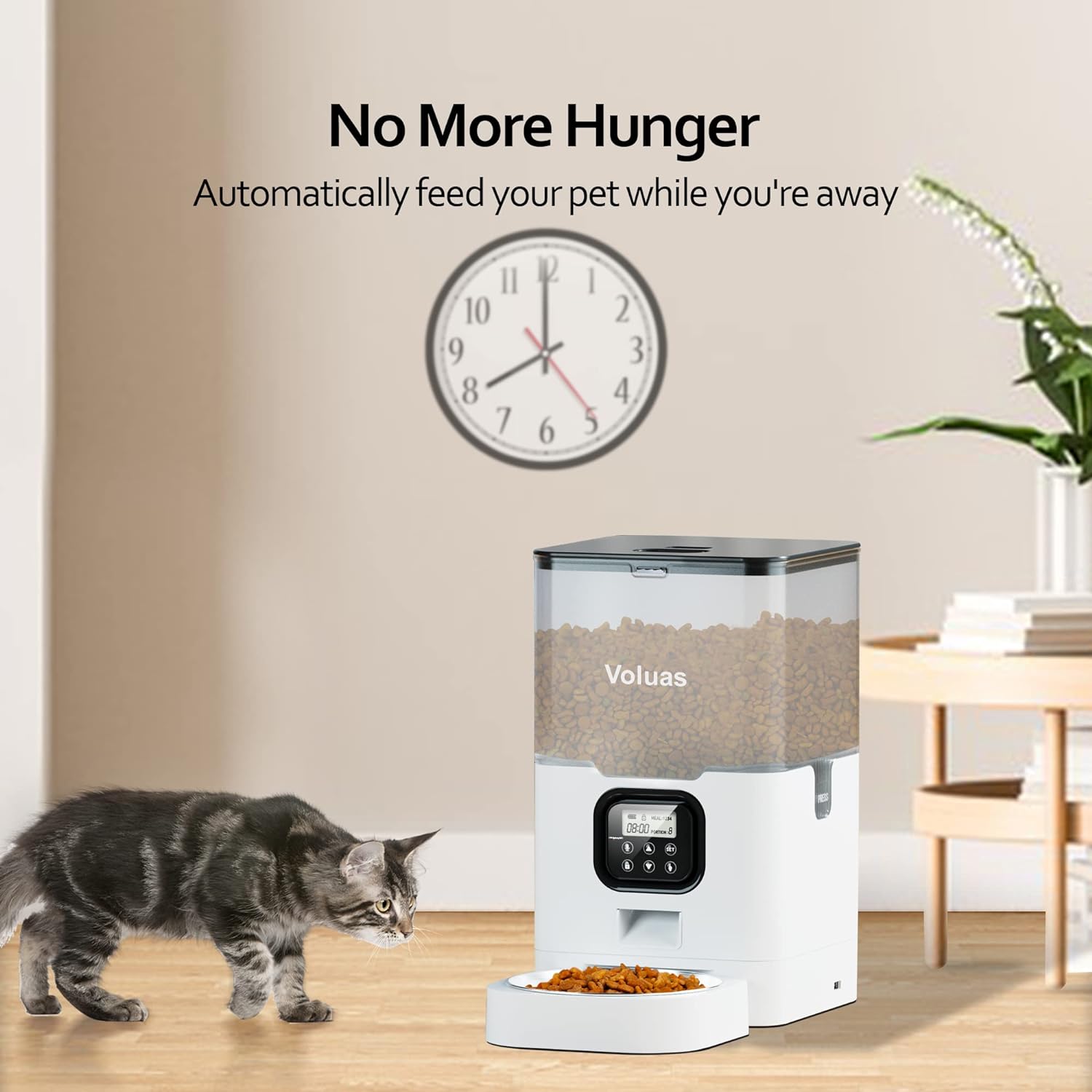 VOLUAS Automatic Cat Feeders - Pet Food Dispenser for Dry Food, Timed Cat Feeder with Desiccant Bag, Programmable Portion Size Control 4 Meals Per Day, 10s Voice Recorder, White Transparent6