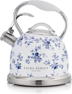 VQ Laura Ashley China Rose 3L Stainless Steel Tea Kettle Stovetop Whistling Teapot for Induction, Gas Hob or others. Silicon Coated Cool Handle & Push Button Mechanism Vintage Stove Top Kettle