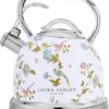 VQ Laura Ashley Elveden White 3L Stainless Steel Tea Kettle Stovetop Whistling Teapot for Induction, Gas Hob or others. Silicon Coated Cool Handle & Push Button Mechanism Vintage Stove Top Kettle