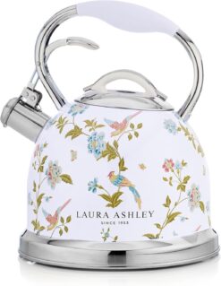 VQ Laura Ashley Elveden White 3L Stainless Steel Tea Kettle Stovetop Whistling Teapot for Induction, Gas Hob or others. Silicon Coated Cool Handle & Push Button Mechanism Vintage Stove Top Kettle