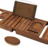 VaeFae Teak Bathtub Tray, Expandable Wooden Bath Tray for Tub with Wine and Book Holder, Solid Bathroom Caddy with Free Teak Body Brush
