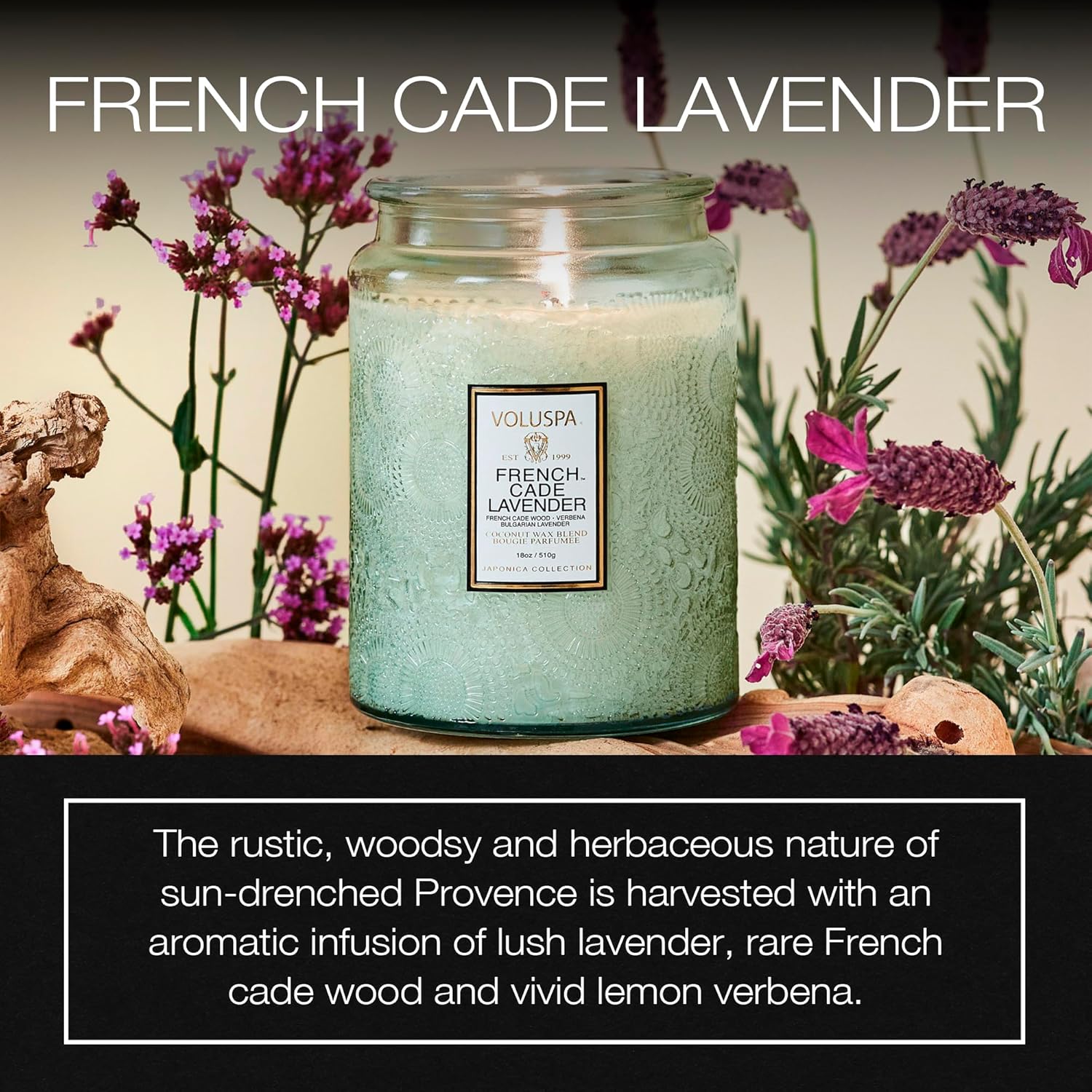 Voluspa French Cade Lavender Candle, 18 oz, Coconut Wax Blend, Scented Candles for Home, 100 Hour Burn Time, Candle Jars1