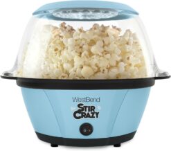 West Bend PC8270BL13 Stir Crazy Hot Oil Popcorn Popper, Popcorn Maker Machine with Large Serving Bowl Lid and Stirring Rod, 6 Qt, Blue
