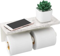 White Toilet Paper Holder with Shelf, New Upgrade Double Toilet Paper Holder with Storage, Marble Roll Toilet Paper Wall Mount for Bathroom Washroom
