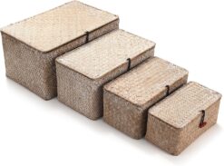 YANGQIHOME 4 Pack, Wicker Baskets with Lids, Nautral Seagrass Storage Baskets, Wicker Storage Baskets for Organizing, Rustic Rectangular Storage Basket, Rattan Storage Organizer for Shelf Whitewash