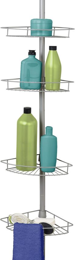 Zenna Home Tension Pole Shower Caddy 4 Basket Shelves with Built-in Towel Bars, Adjustable, 60 to 97 Inch, Satin Nickel