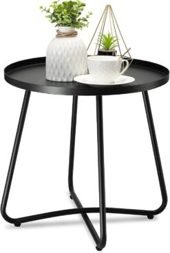 danpinera Outdoor Side Tables, Weather Resistant Steel, Small Round End Table for Patio Yard Balcony Garden Bedside Black
