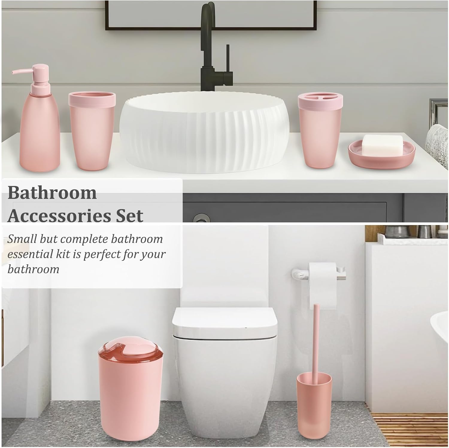 iMucci 8PCS Pink Bathroom Accessories Set - with Trash Can,Toilet Brush,Toothbrush Holder, Lotion Soap Dispenser, Soap Dish,Toothbrush Cup,Qtip Holder2