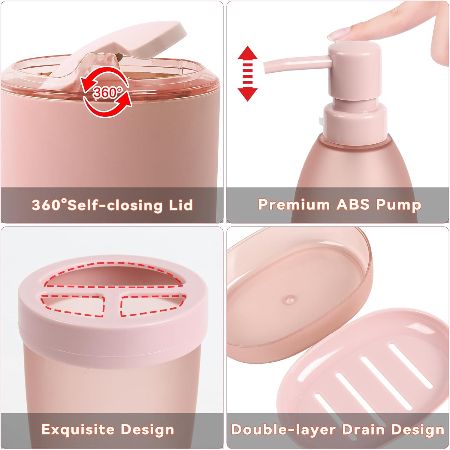 iMucci 8PCS Pink Bathroom Accessories Set - with Trash Can,Toilet Brush,Toothbrush Holder, Lotion Soap Dispenser, Soap Dish,Toothbrush Cup,Qtip Holder4