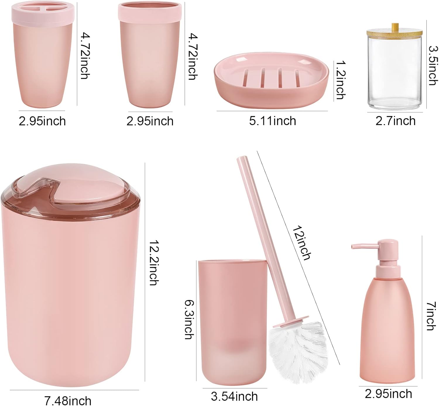 iMucci 8PCS Pink Bathroom Accessories Set - with Trash Can,Toilet Brush,Toothbrush Holder, Lotion Soap Dispenser, Soap Dish,Toothbrush Cup,Qtip Holder8