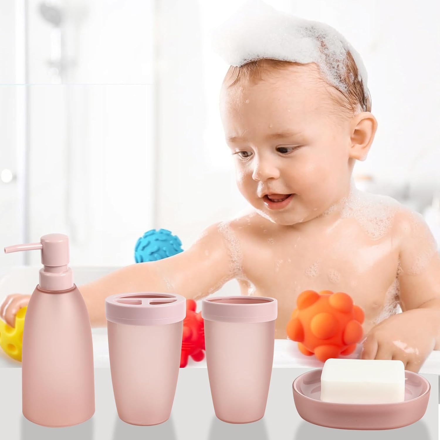 iMucci 8PCS Pink Bathroom Accessories Set - with Trash Can,Toilet Brush,Toothbrush Holder, Lotion Soap Dispenser, Soap Dish,Toothbrush Cup,Qtip Holder9