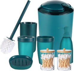 iMucci 8Pcs Blue Bathroom Accessories Set - with Trash Can Toothbrush Holder Soap Dispenser Soap and Lotion Set Tumbler Cup