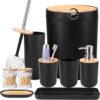 iMucci Bathroom Accessories Set with Trash Can,Toothbrush Holder, Lotion Soap Dispenser, Soap Dish,Tumbler Cup(9Pcs Black Bamboo Cover)