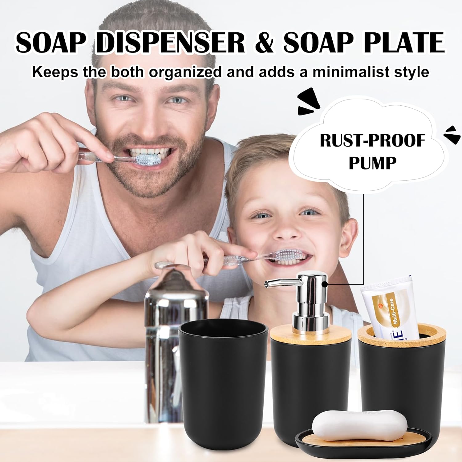 iMucci Bathroom Accessories Set with Trash Can,Toothbrush Holder, Lotion Soap Dispenser, Soap Dish,Tumbler Cup(9Pcs Black Bamboo Cover)1