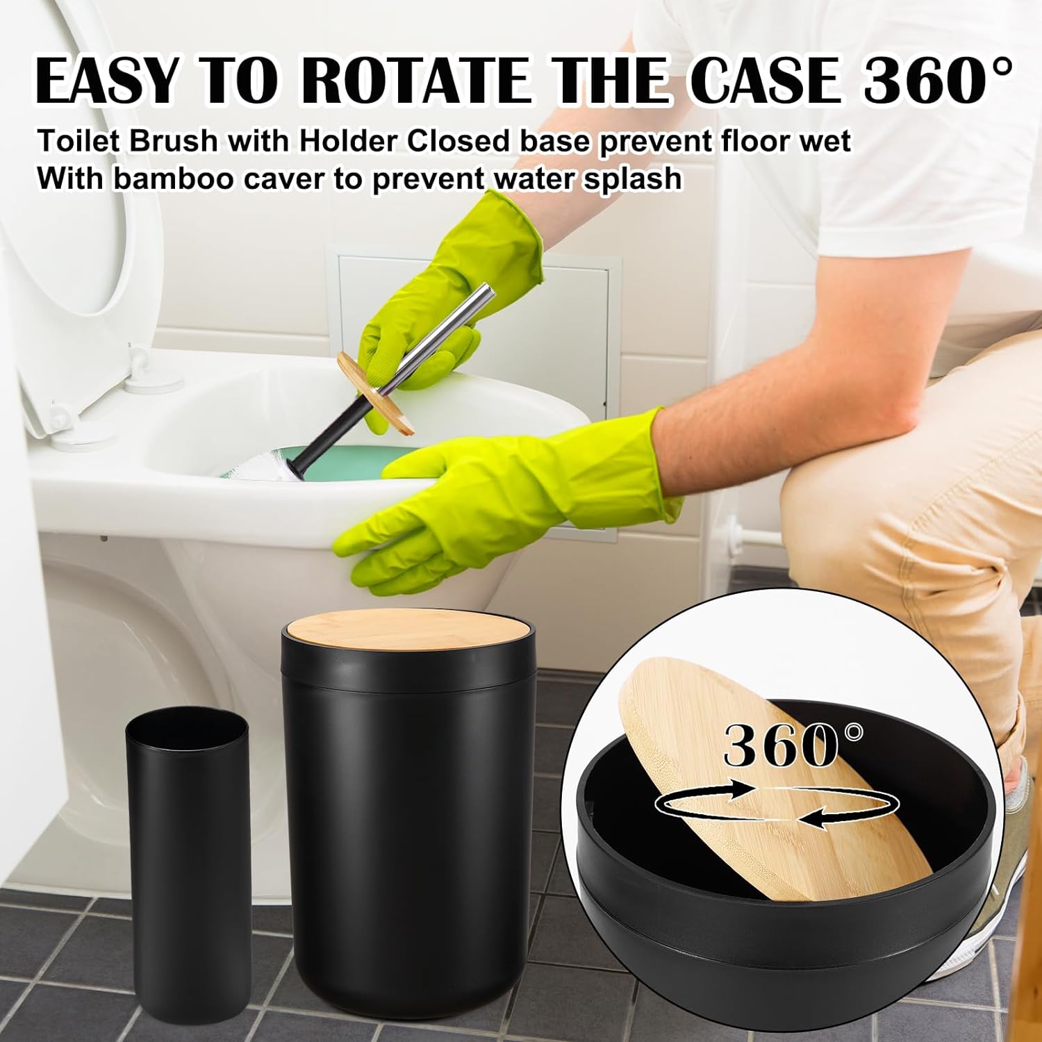 iMucci Bathroom Accessories Set with Trash Can,Toothbrush Holder, Lotion Soap Dispenser, Soap Dish,Tumbler Cup(9Pcs Black Bamboo Cover)2