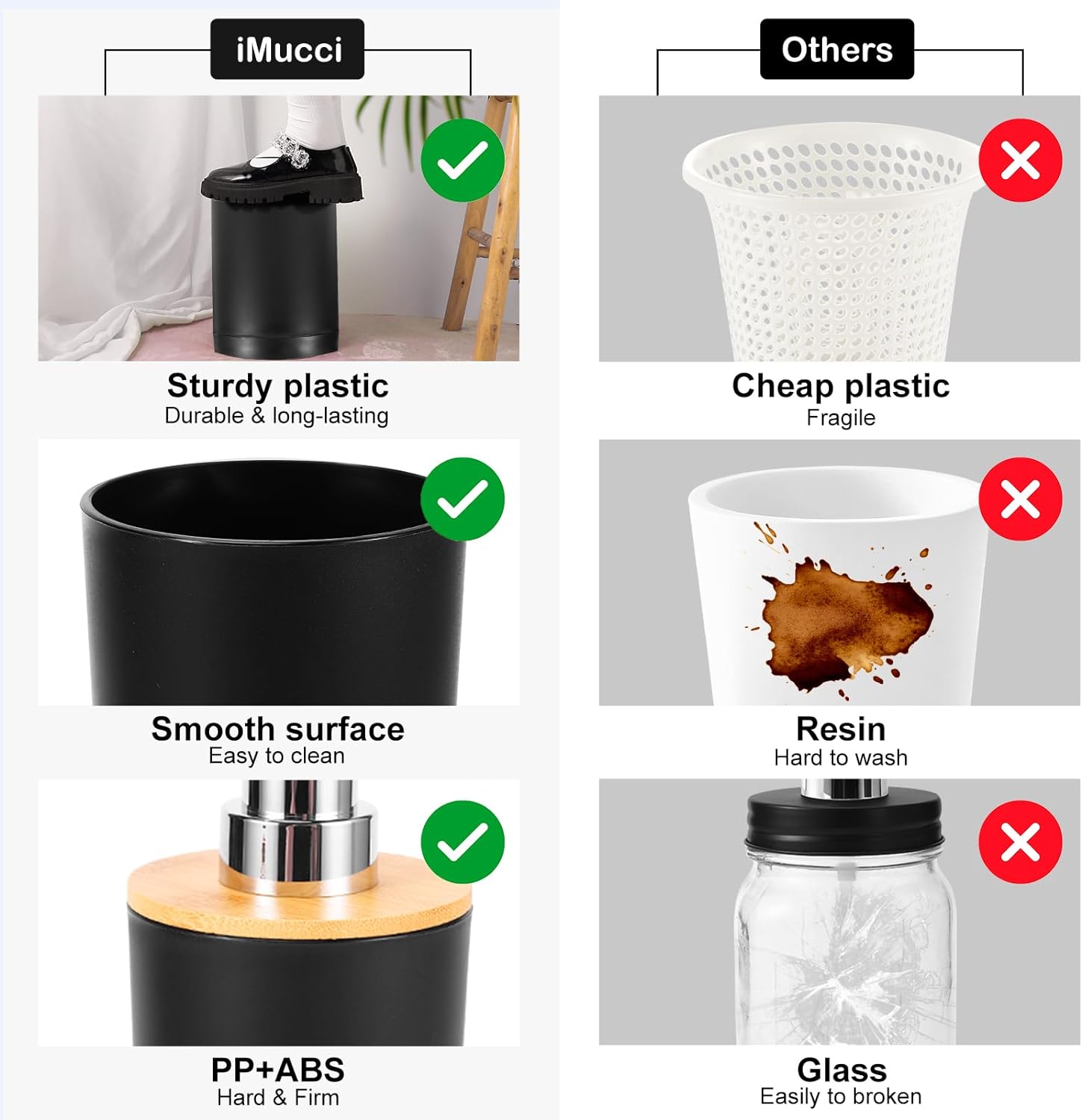 iMucci Bathroom Accessories Set with Trash Can,Toothbrush Holder, Lotion Soap Dispenser, Soap Dish,Tumbler Cup(9Pcs Black Bamboo Cover)3