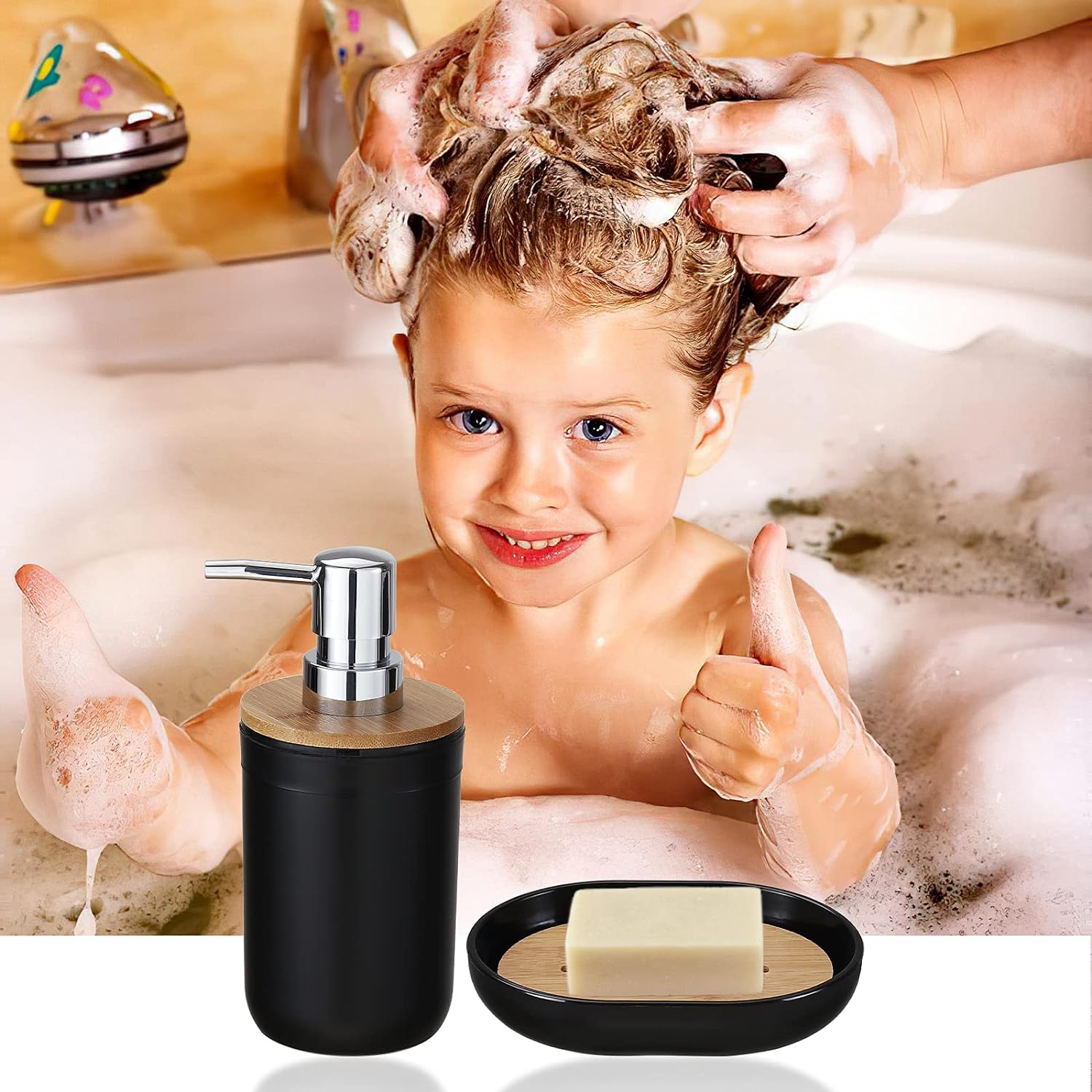 iMucci Bathroom Accessories Set with Trash Can,Toothbrush Holder, Lotion Soap Dispenser, Soap Dish,Tumbler Cup(9Pcs Black Bamboo Cover)5