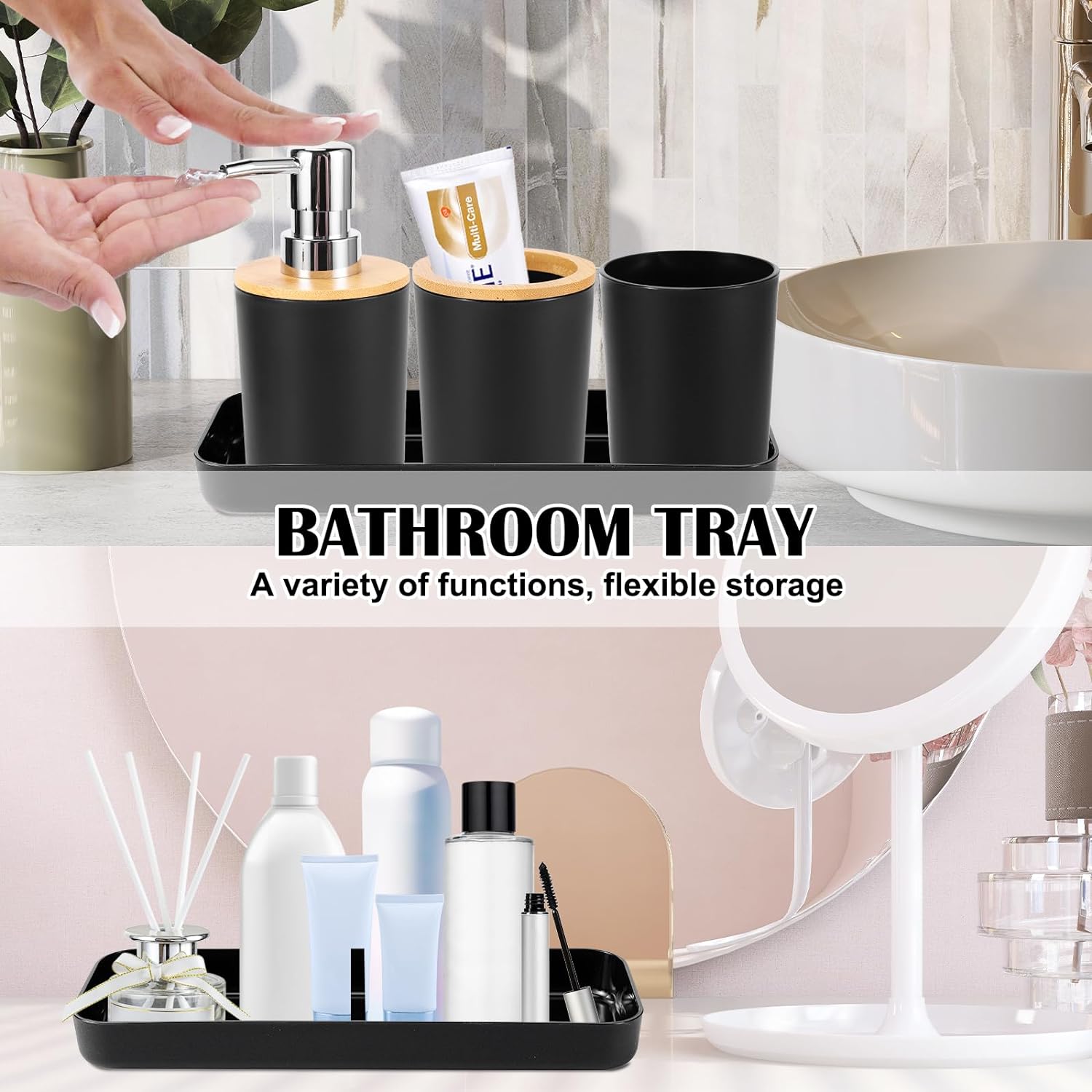 iMucci Bathroom Accessories Set with Trash Can,Toothbrush Holder, Lotion Soap Dispenser, Soap Dish,Tumbler Cup(9Pcs Black Bamboo Cover)6