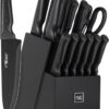 knife set, 15 Pcs Black knife sets for kitchen with block Self Sharpening, Dishwasher Safe, 6 Steak Knives, Anti-slip handle