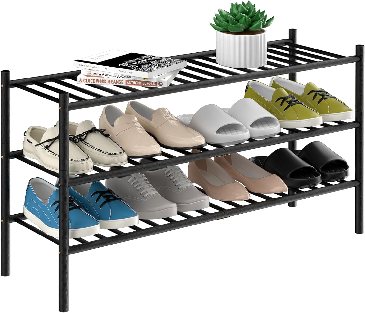 3-Tier Bamboo Long Shoe Rack, Free Standing Wood Shoe Shelf Storage Organizer for Closet Entryway Stackable 35x11x20 (Black) 3-Tier Bamboo Long Shoe Rack, Free Standing Wood Shoe Shelf Storage Organizer for Closet Entryway Stackable 35"x11"x20" (Black)
