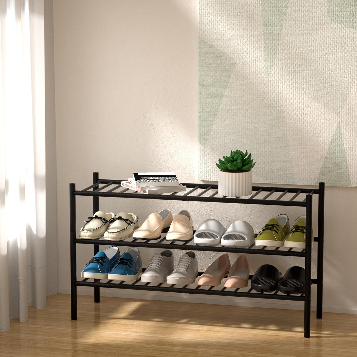 3-Tier Bamboo Long Shoe Rack, Free Standing Wood Shoe Shelf Storage Organizer for Closet Entryway Stackable 35x11x20 (Black)1