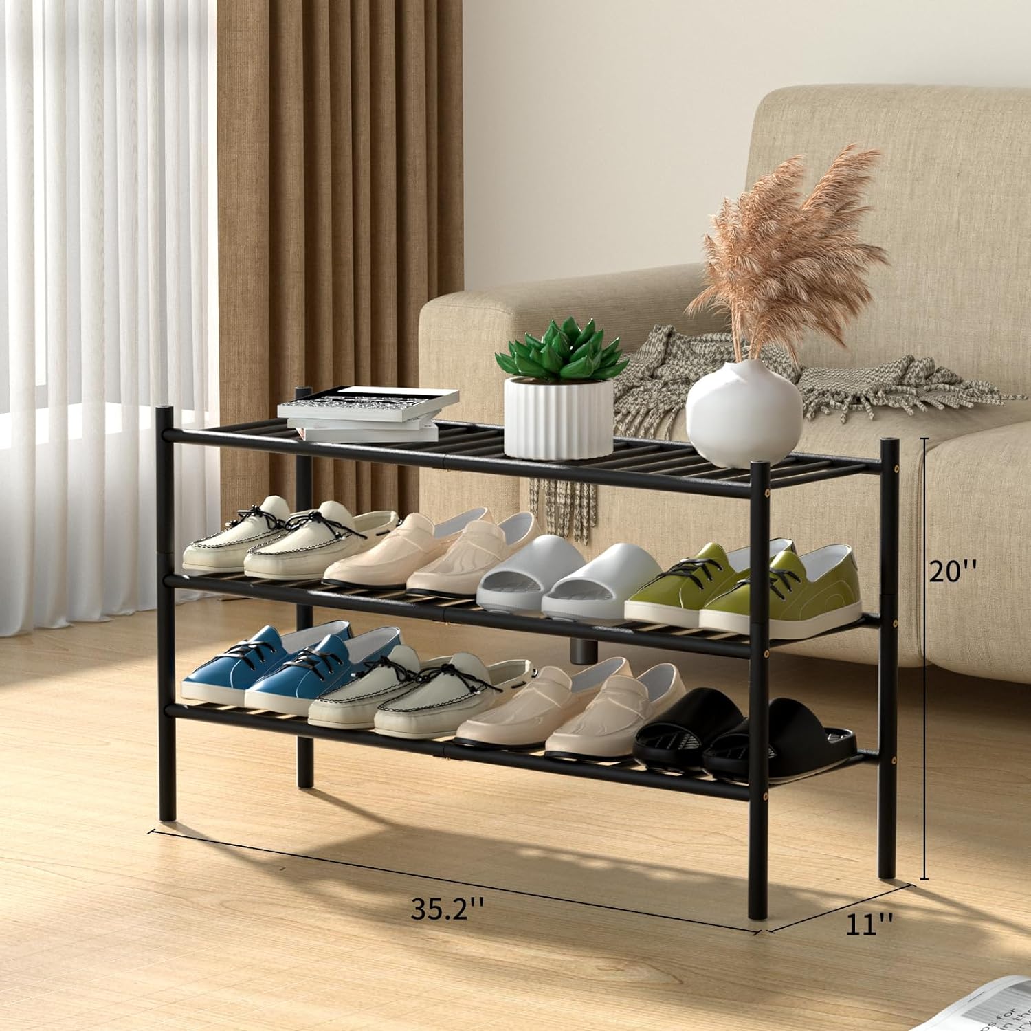 3-Tier Bamboo Long Shoe Rack, Free Standing Wood Shoe Shelf Storage Organizer for Closet Entryway Stackable 35x11x20 (Black)3