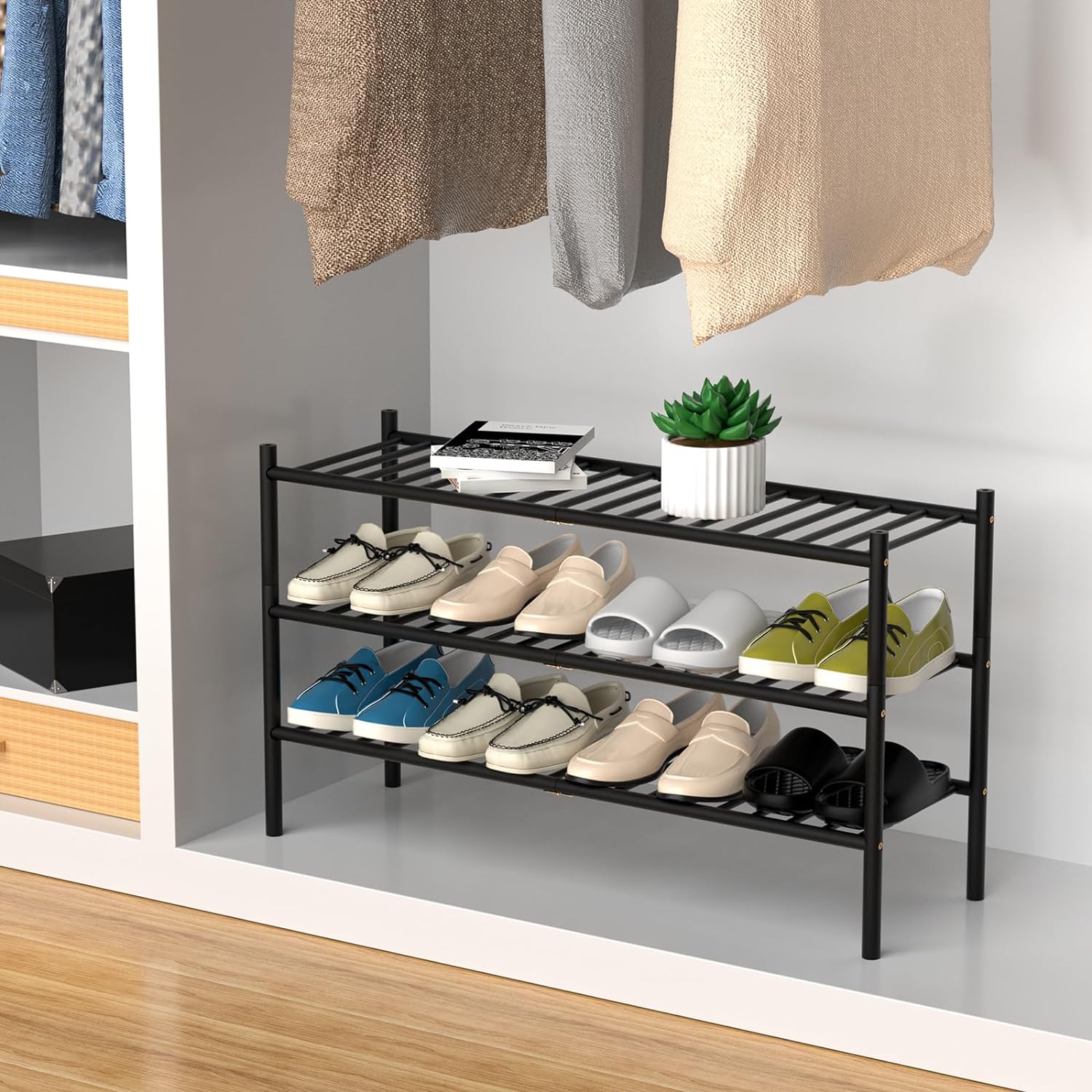 3-Tier Bamboo Long Shoe Rack, Free Standing Wood Shoe Shelf Storage Organizer for Closet Entryway Stackable 35x11x20 (Black)4