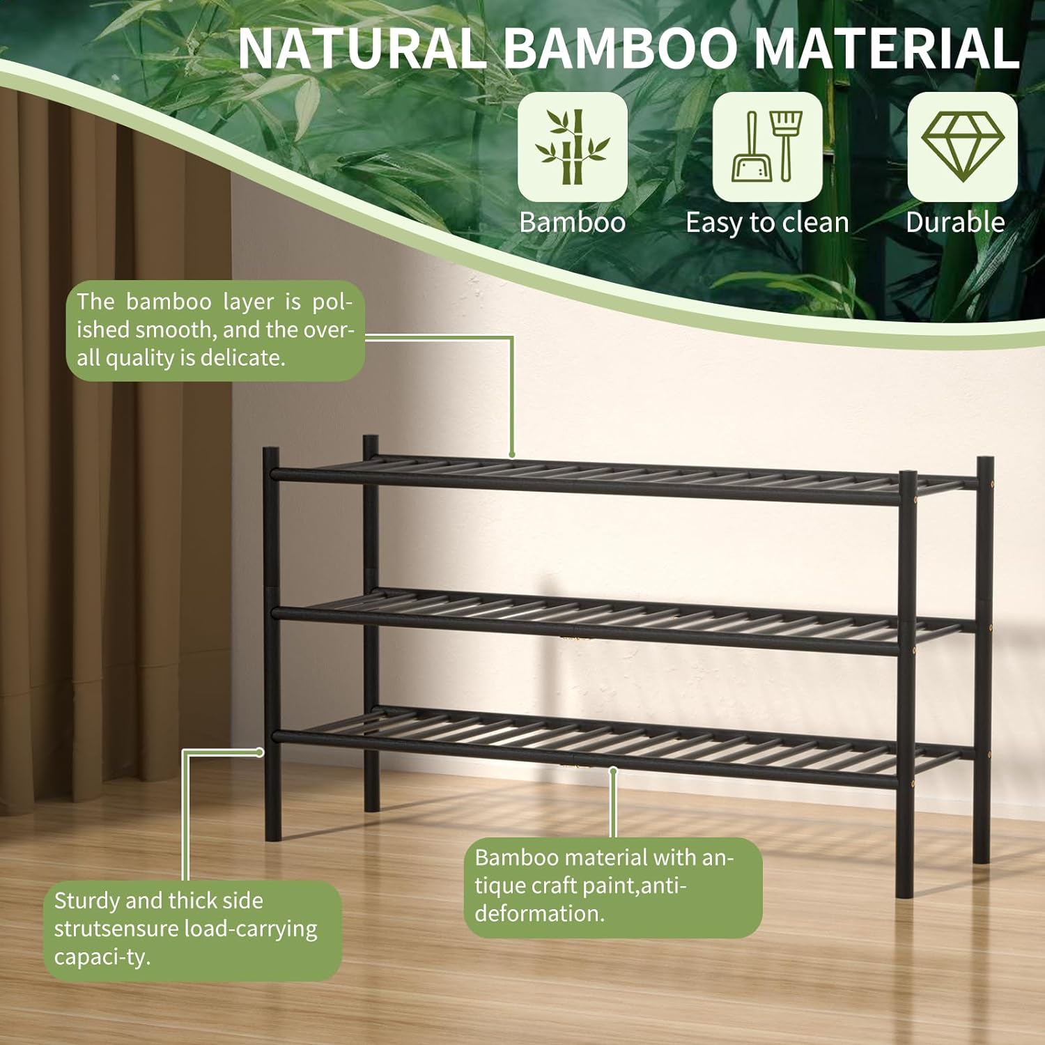 3-Tier Bamboo Long Shoe Rack, Free Standing Wood Shoe Shelf Storage Organizer for Closet Entryway Stackable 35x11x20 (Black)6