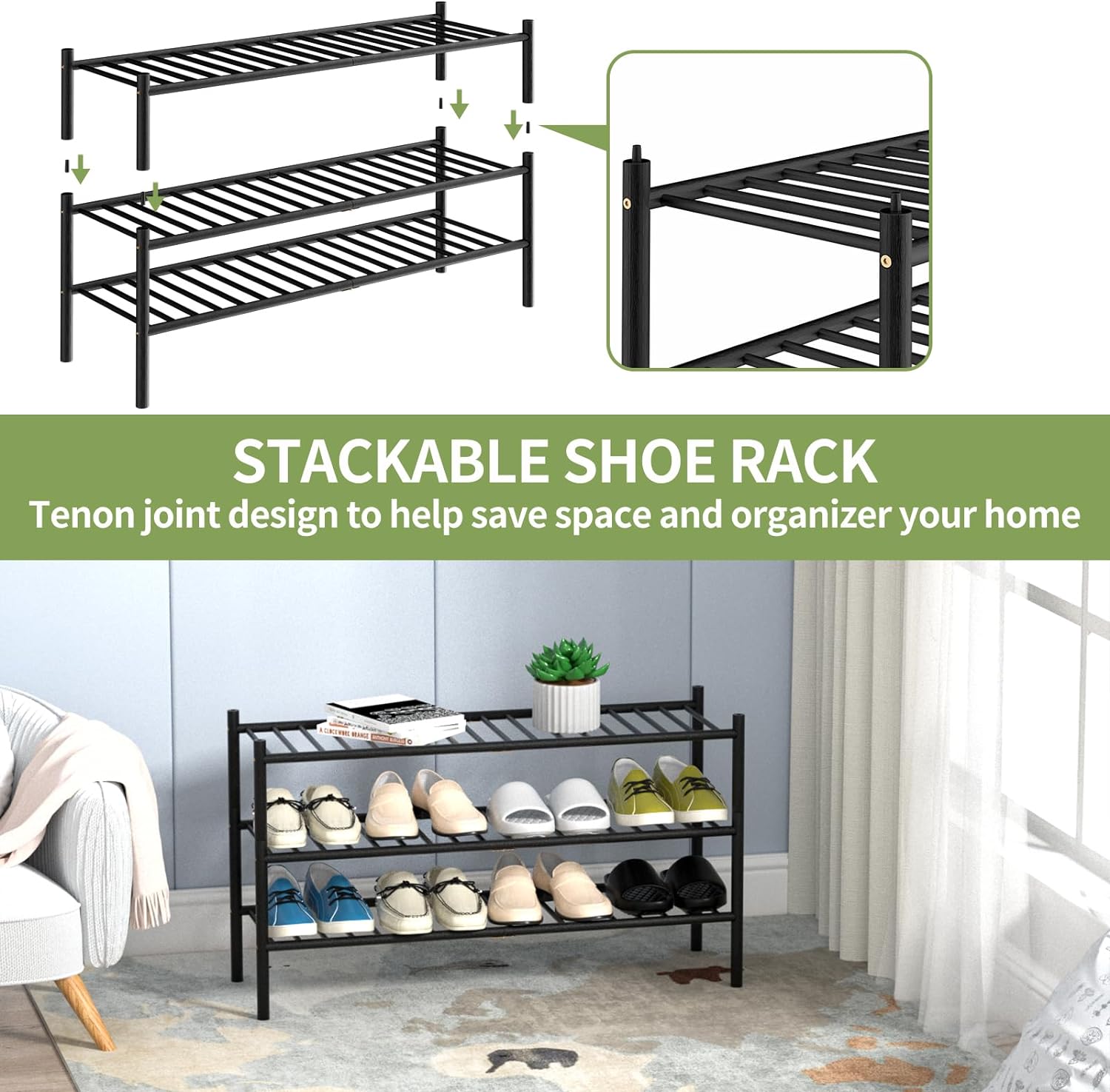 3-Tier Bamboo Long Shoe Rack, Free Standing Wood Shoe Shelf Storage Organizer for Closet Entryway Stackable 35x11x20 (Black)7