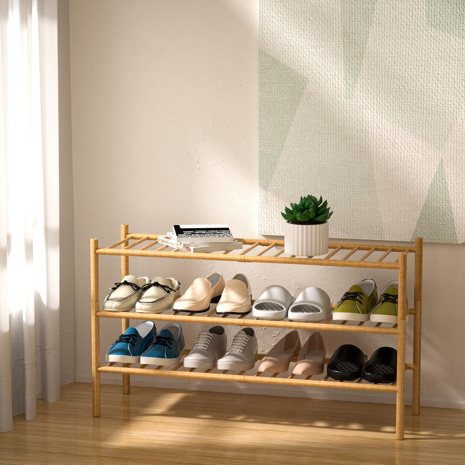 3-Tier Bamboo Long Shoe Rack, Free Standing Wood Shoe Shelf Storage Organizer for Closet Entryway Stackable 35x11x20 (Natural)1