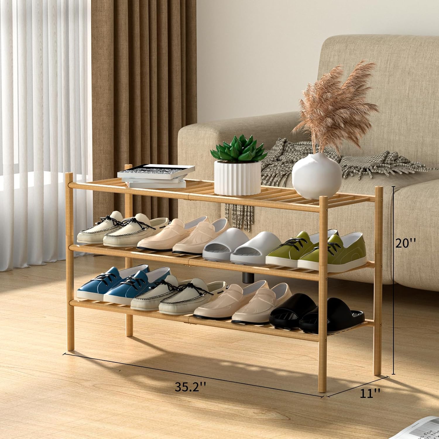 3-Tier Bamboo Long Shoe Rack, Free Standing Wood Shoe Shelf Storage Organizer for Closet Entryway Stackable 35x11x20 (Natural)3