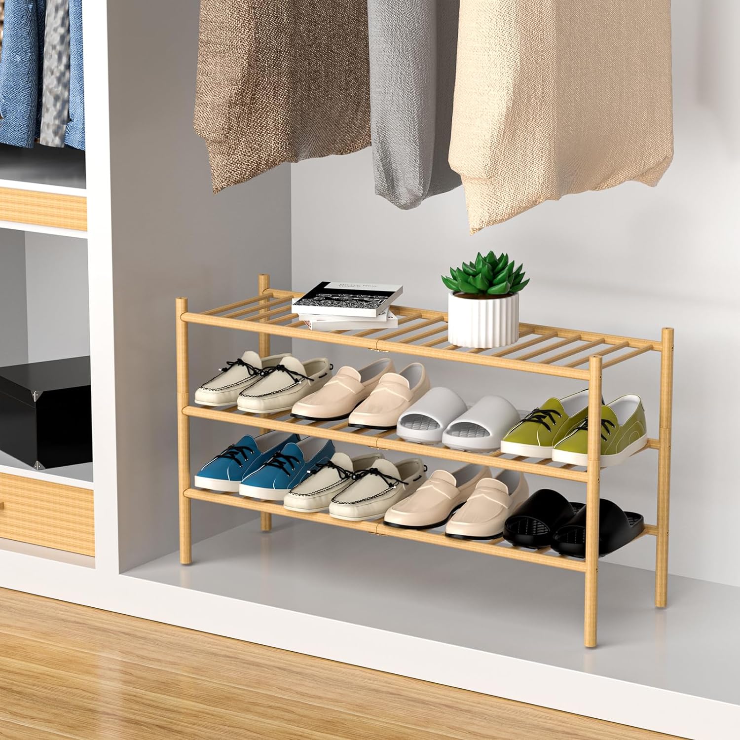 3-Tier Bamboo Long Shoe Rack, Free Standing Wood Shoe Shelf Storage Organizer for Closet Entryway Stackable 35x11x20 (Natural)4