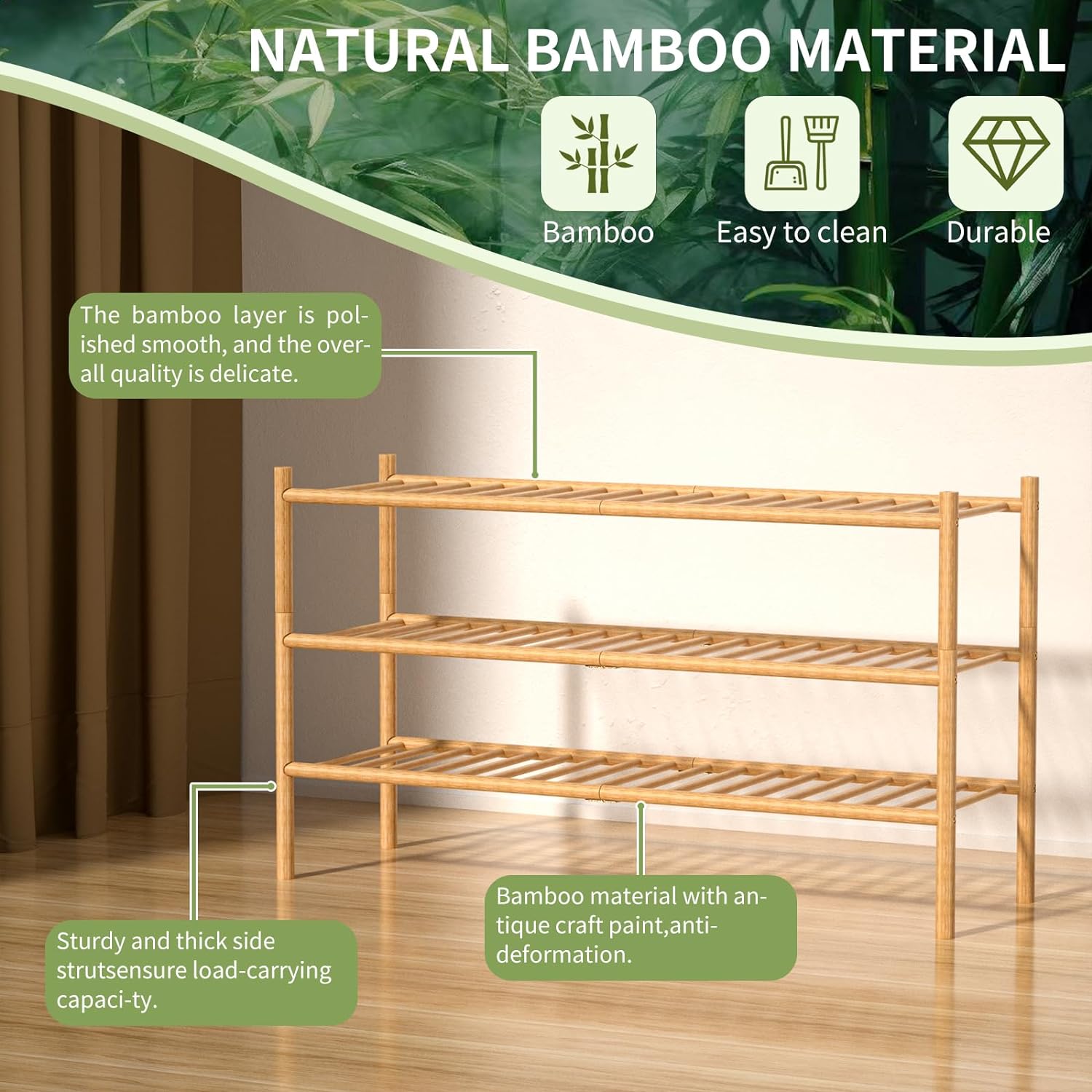 3-Tier Bamboo Long Shoe Rack, Free Standing Wood Shoe Shelf Storage Organizer for Closet Entryway Stackable 35x11x20 (Natural)6