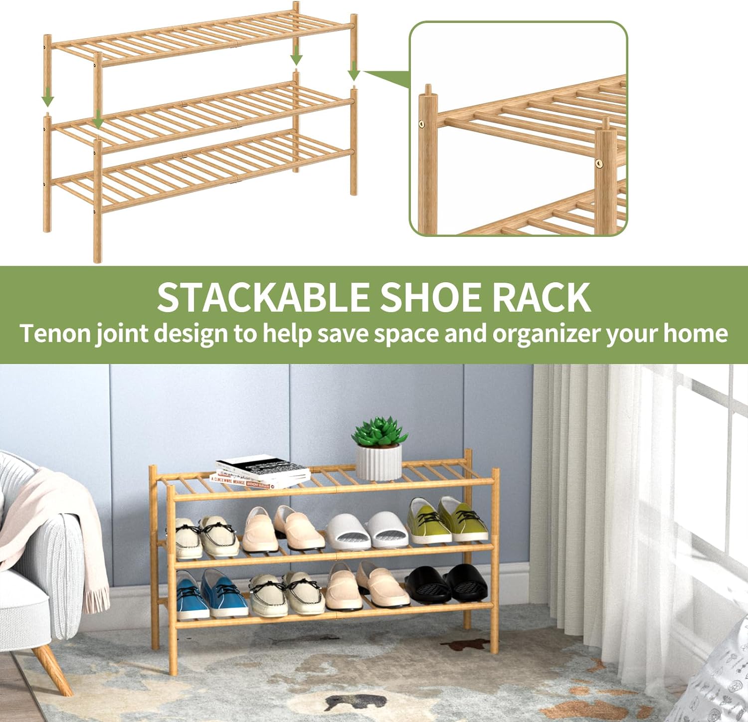 3-Tier Bamboo Long Shoe Rack, Free Standing Wood Shoe Shelf Storage Organizer for Closet Entryway Stackable 35x11x20 (Natural)7
