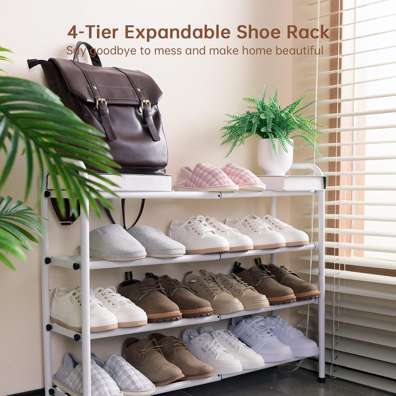 4-Tier Expandable Shoe Rack,Adjustable Shoe Shelf Storage Organizer Heavy Duty Metal Free Standing Shoe Rack for Entryway Closet Doorway (White)2