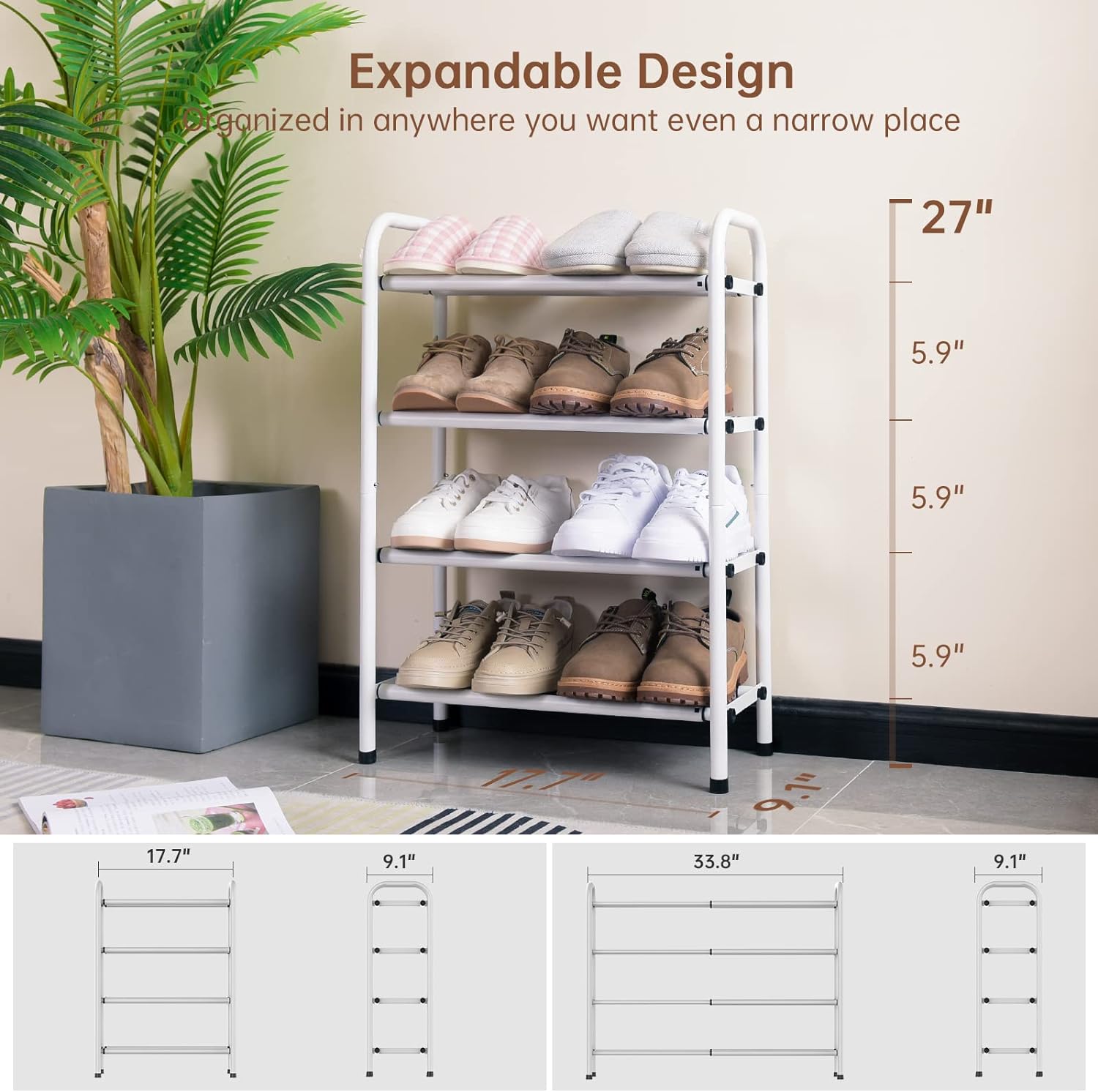 4-Tier Expandable Shoe Rack,Adjustable Shoe Shelf Storage Organizer Heavy Duty Metal Free Standing Shoe Rack for Entryway Closet Doorway (White)3