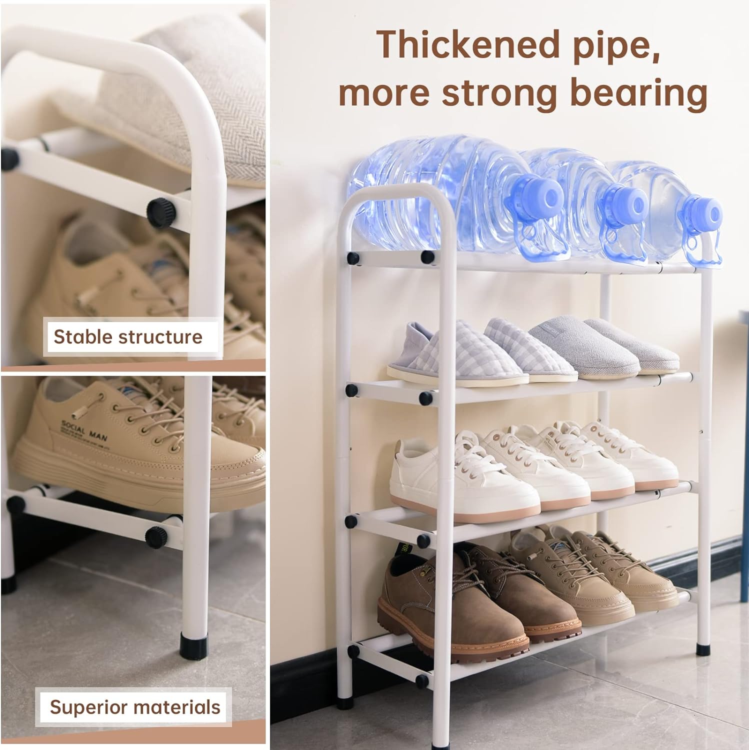 4-Tier Expandable Shoe Rack,Adjustable Shoe Shelf Storage Organizer Heavy Duty Metal Free Standing Shoe Rack for Entryway Closet Doorway (White)4