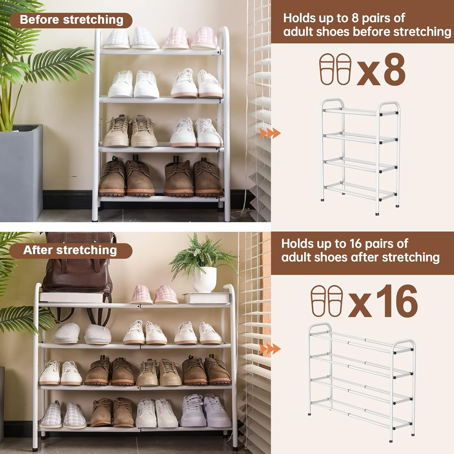 4-Tier Expandable Shoe Rack,Adjustable Shoe Shelf Storage Organizer Heavy Duty Metal Free Standing Shoe Rack for Entryway Closet Doorway (White)5