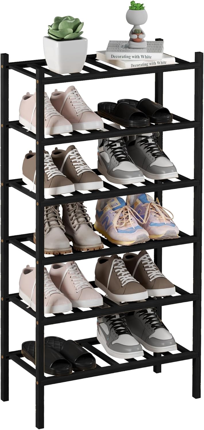 6-Tier Bamboo Small Shoe Rack, Free Standing Wood Shoe Shelf Storage Organizer for Closet Entryway Stackable (Black) 6-Tier Bamboo Small Shoe Rack, Free Standing Wood Shoe Shelf Storage Organizer for Closet Entryway Stackable (Black)